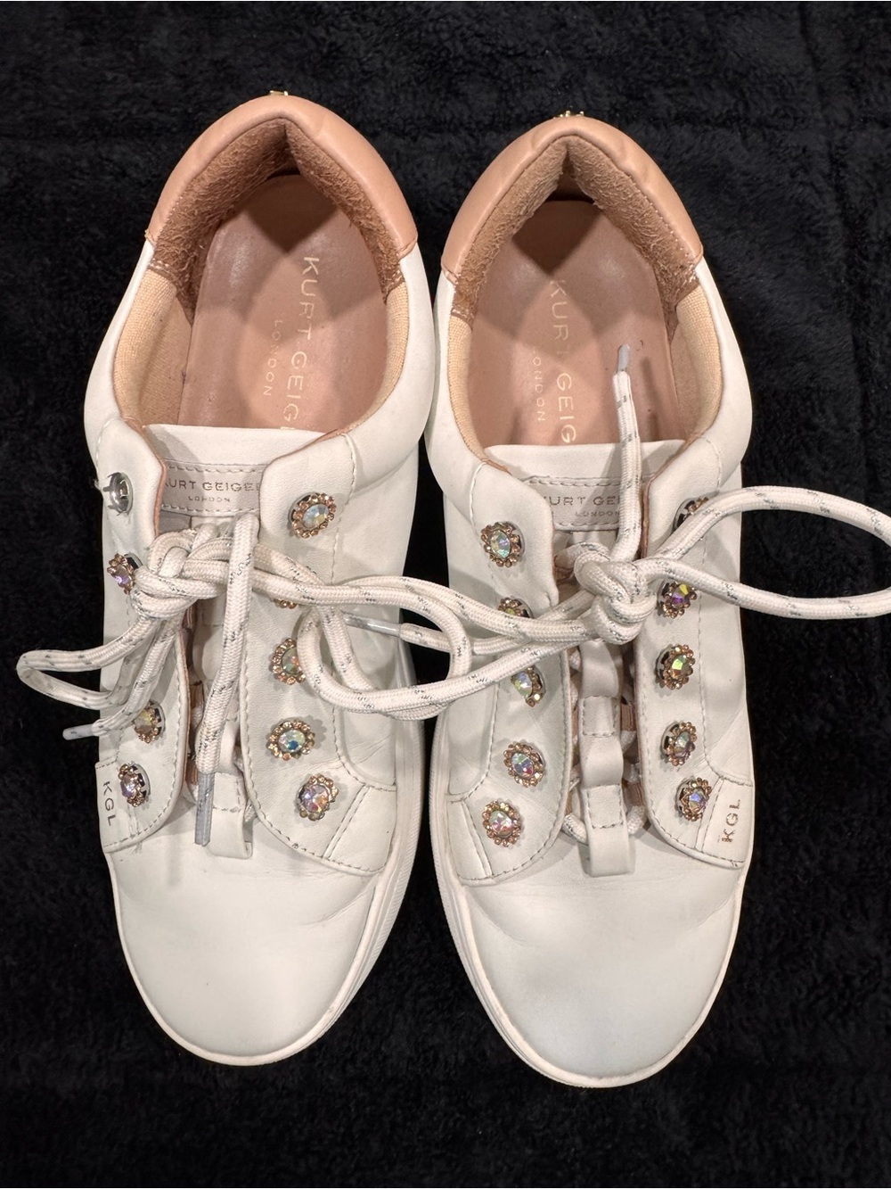 Kurt Geiger White Leather Sneakers with Iridescent Crystal Studs
